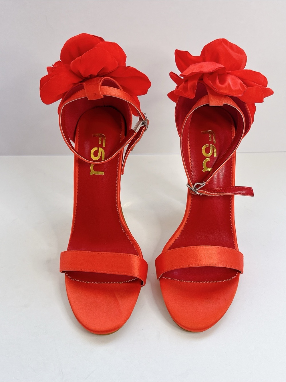 Women’s Size 8 Orange Red Flower Ankle Strap Heels Gold Heel FSJ